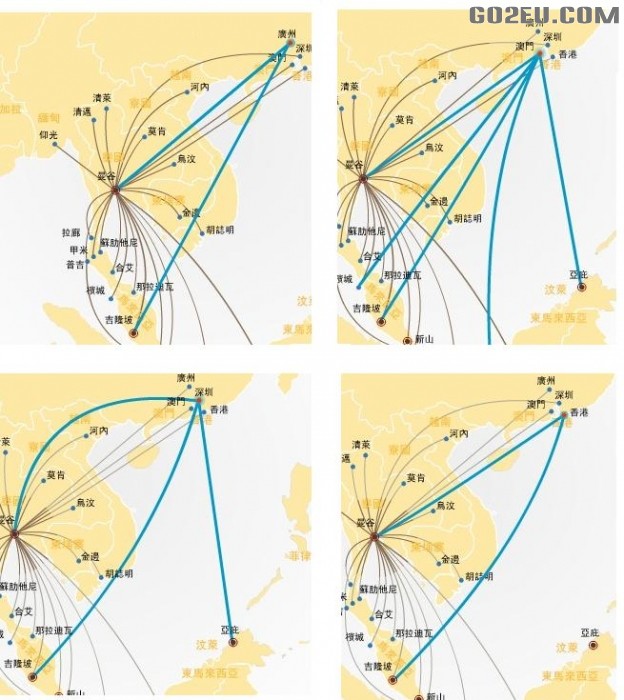 请问亚航从广州,澳门和香港出发的有哪些航线呢?